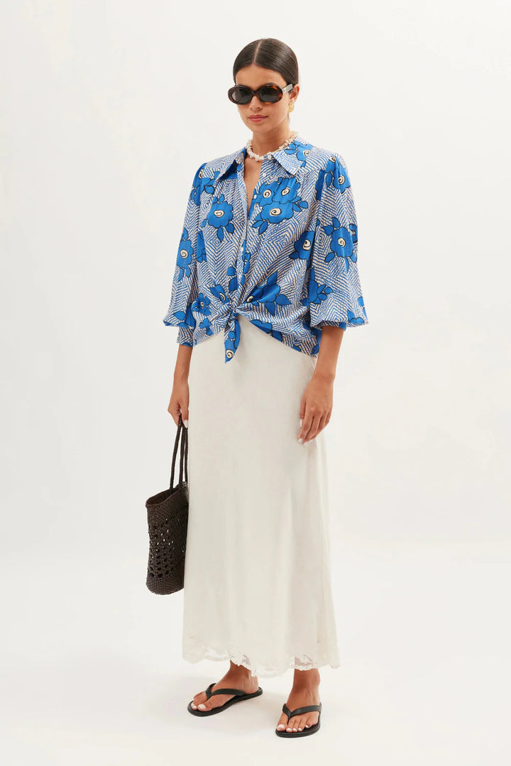RIXO - Blake Blouse in Milos Floral Blue