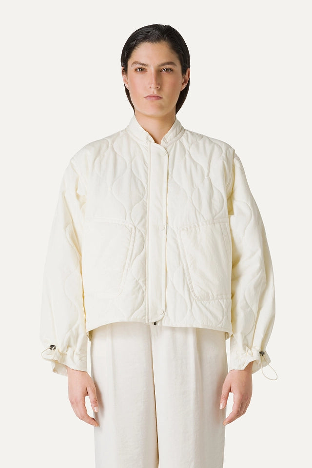Oofwear - Flared Short Jacket in Quilted Nylon in Vanilla