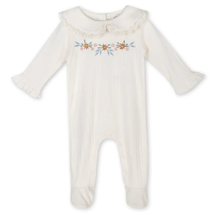 Organic Jersey Floral Embroidered Pointelle & Ruffle Baby Footie