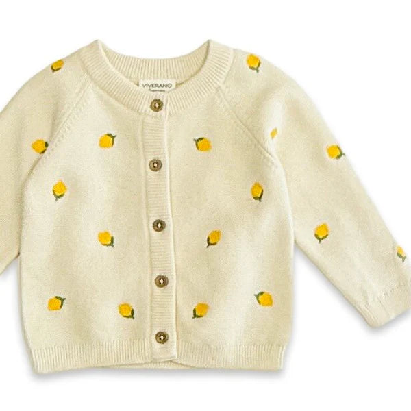 Organic Cotton Lemon Embroidered Knit Baby Cardigan in Sweet Cream