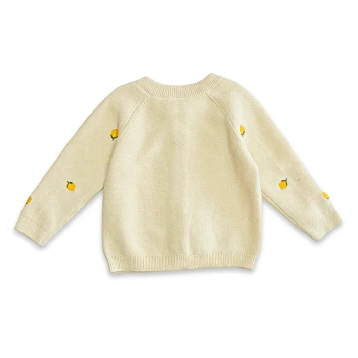 Organic Cotton Lemon Embroidered Knit Baby Cardigan in Sweet Cream