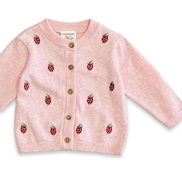 Organic Cotton Strawberry Embroidered Knit Baby Cardigan in Pink Heather