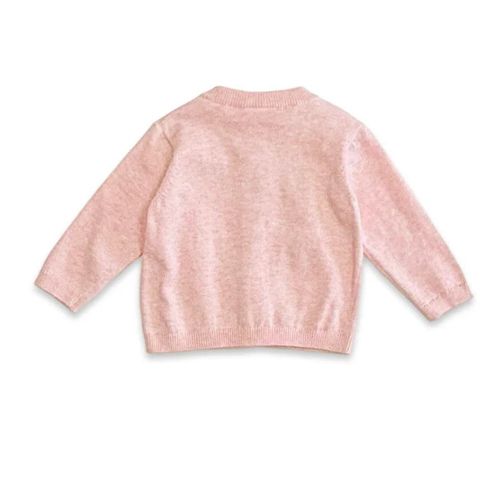 Organic Cotton Strawberry Embroidered Knit Baby Cardigan in Pink Heather