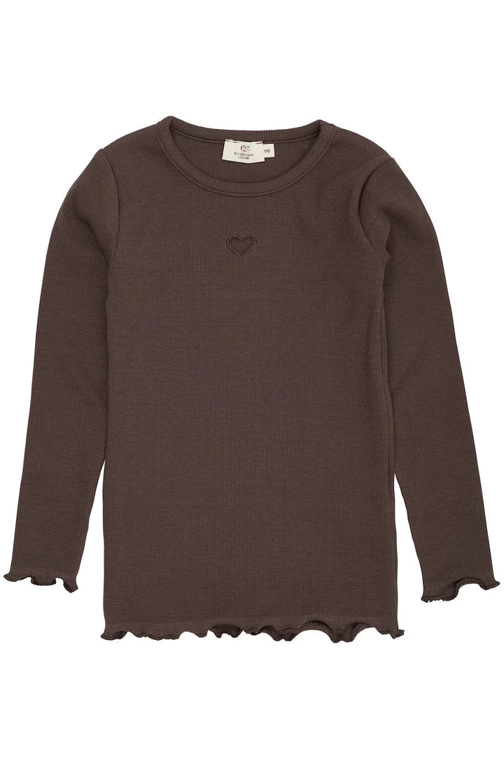 Copenhagen Colors- LS Ribbed Heart Detail Top in Dark Brown
