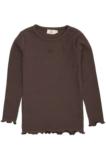 Copenhagen Colors- LS Ribbed Heart Detail Top in Dark Brown