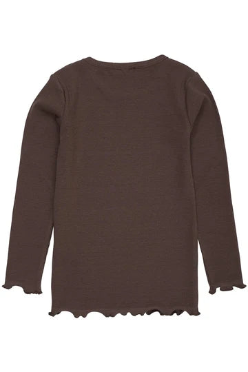 Copenhagen Colors- LS Ribbed Heart Detail Top in Dark Brown