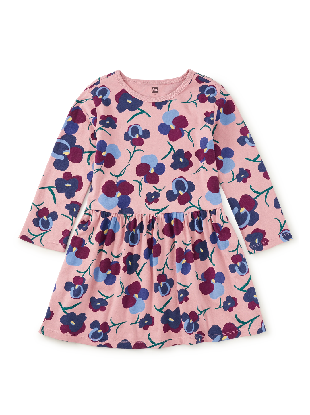 Tea Collection – Long Sleeve Skirted Dress in Painted Pansies