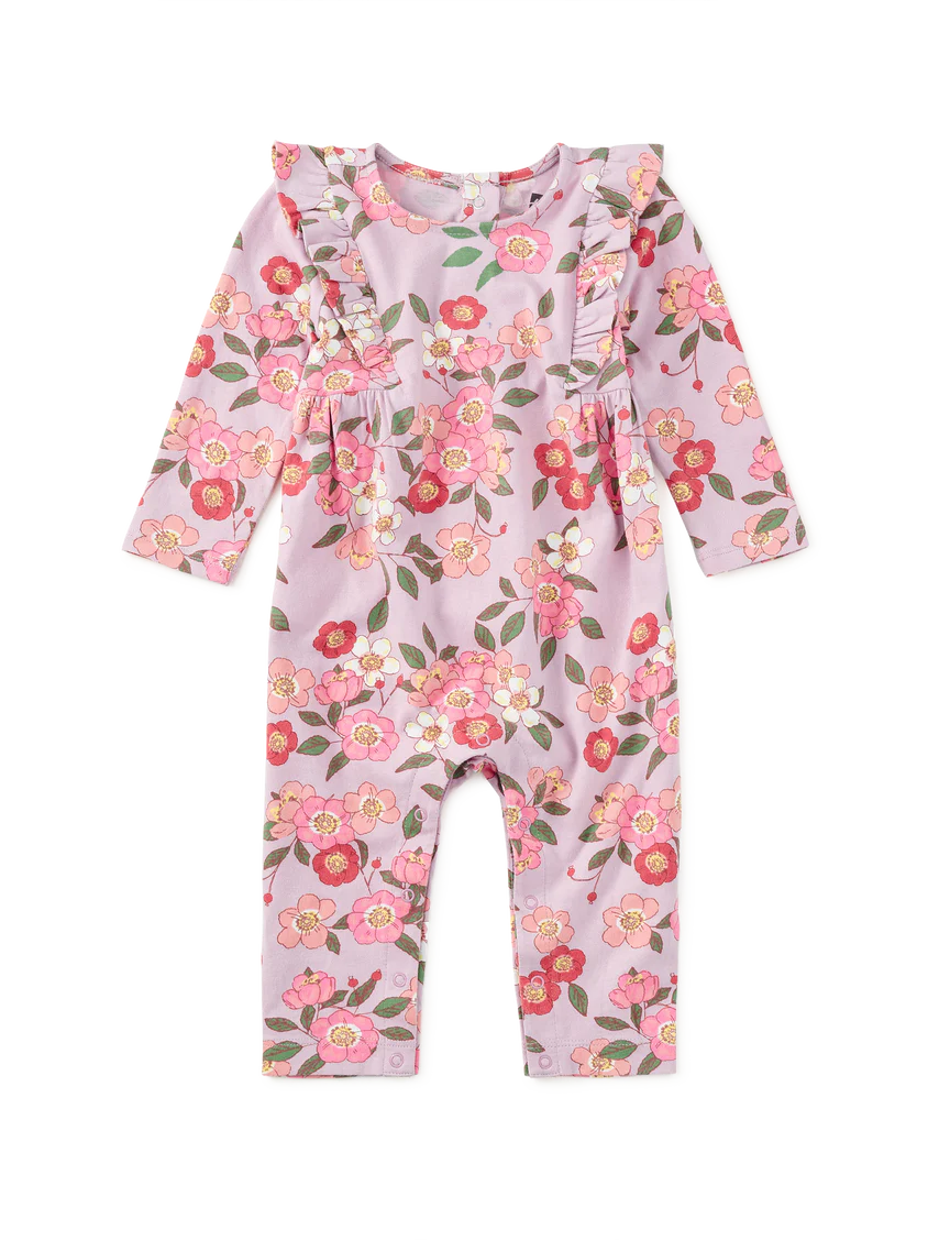 Tea Collection – Long Sleeve Ruffle Baby Romper in Rosa Canina