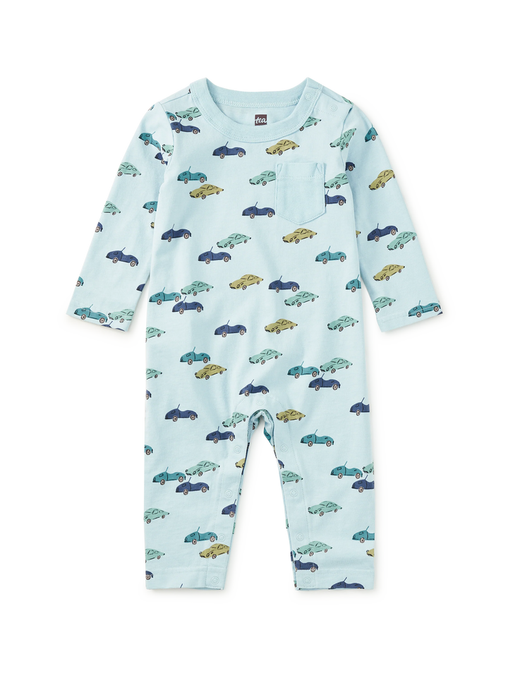 Tea Collection – Long Sleeve Pocket Baby Romper in Min Cars