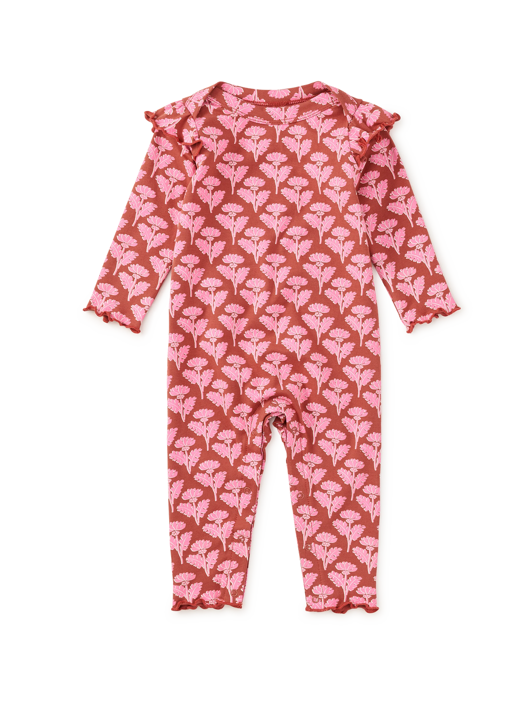 Tea Collection – Ruffle Shoulder Baby Romper in Stamped Heirloom