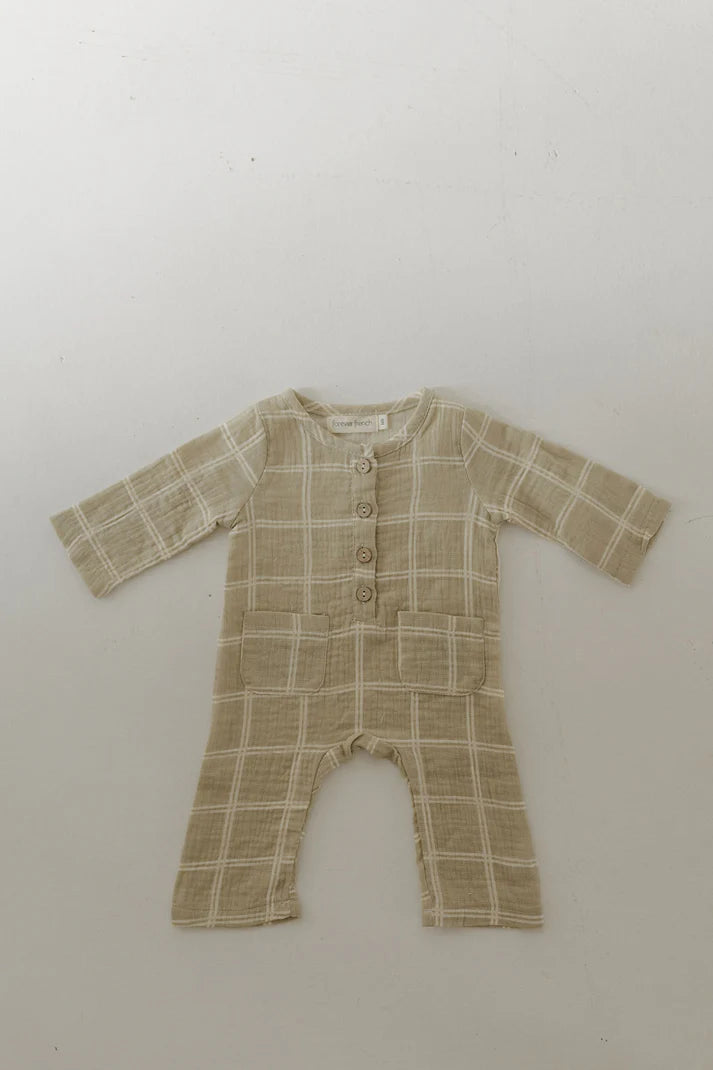 Forever French Baby - Long Sleeve Muslin Romper in Linen Grid