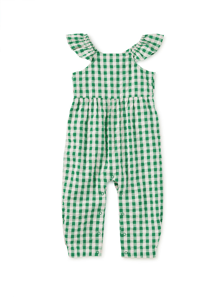 Tea Collection – Flutter Button Back Baby Romper in Garden Party Check