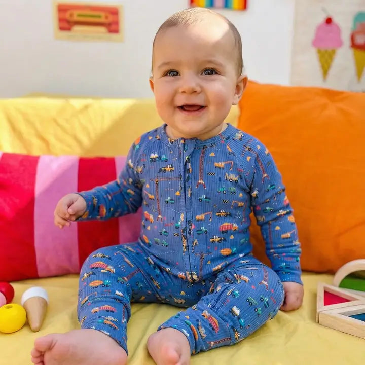 Bug + Bean – Bamboo Small Rib Zip Romper in Blue Construction