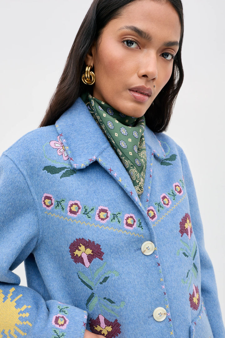 RIXO - Tashia Wool Jacket in Juliette Embroidery Blue