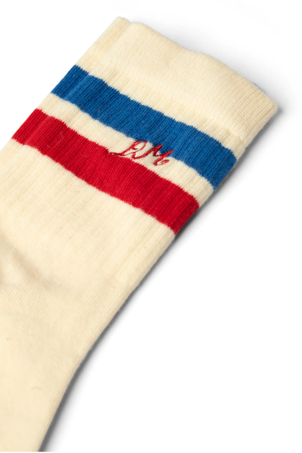 Damson Madder – Sporty Calf Length Socks in Cream, Red and Blue