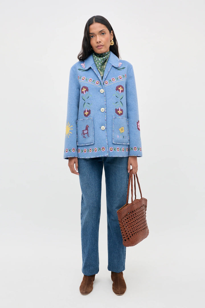 RIXO - Tashia Wool Jacket in Juliette Embroidery Blue