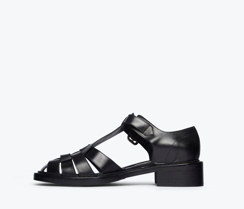 Freda Salvador – Dahlia T-Strap Fisherman Loafer in Black Box Calf