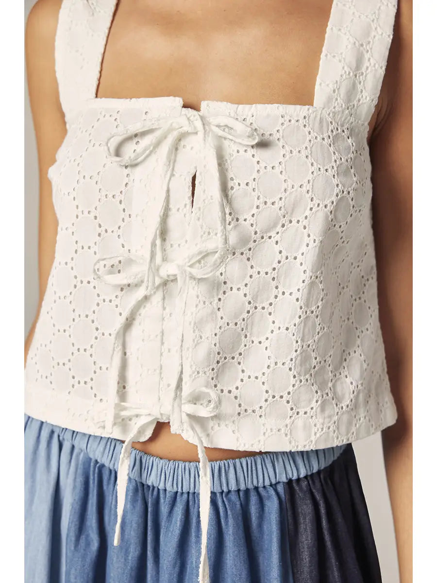 Amente – Front Tie Lace Eyelet Top in White