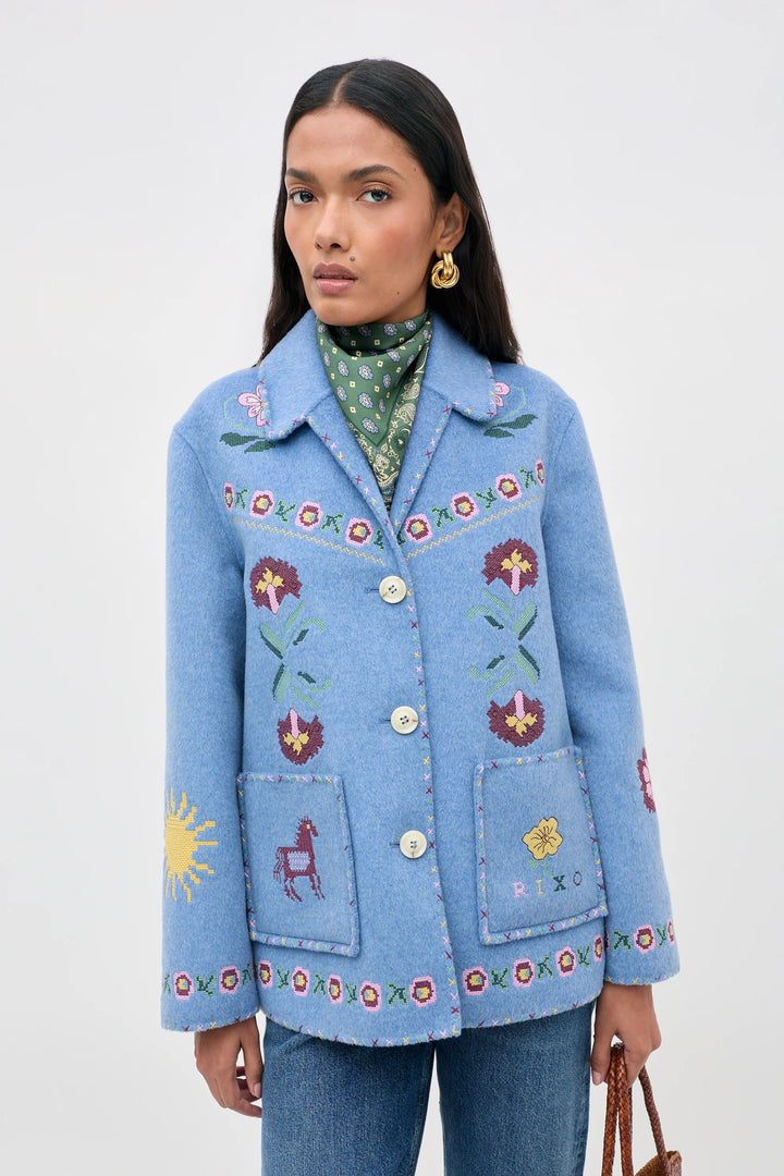 RIXO - Tashia Wool Jacket in Juliette Embroidery Blue