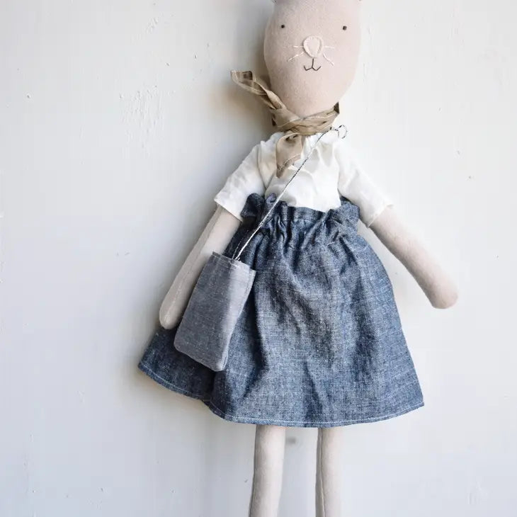 Woolgrass Farm – Mae the Barn Cat Doll – Chambray Skirt