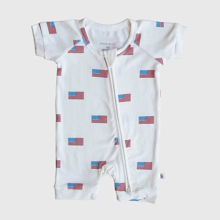 Forever French Baby - Shortie Bamboo Zip Onesie in Americana Ribbed