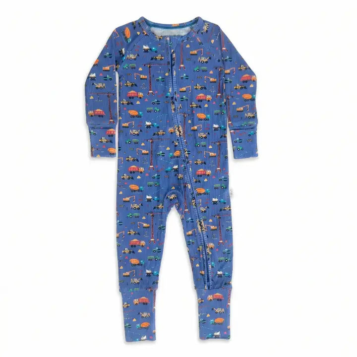 Bug + Bean – Bamboo Small Rib Zip Romper in Blue Construction