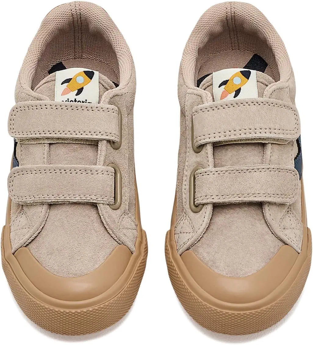 Victoria – Tribu Wide Fit Split Leather & Contrast Kids Sneakers in Beige and Gold