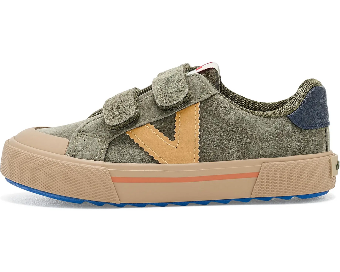 Victoria – Tribu Wide Fit Split Leather & Contrast Kids Sneakers in Kaki and Green