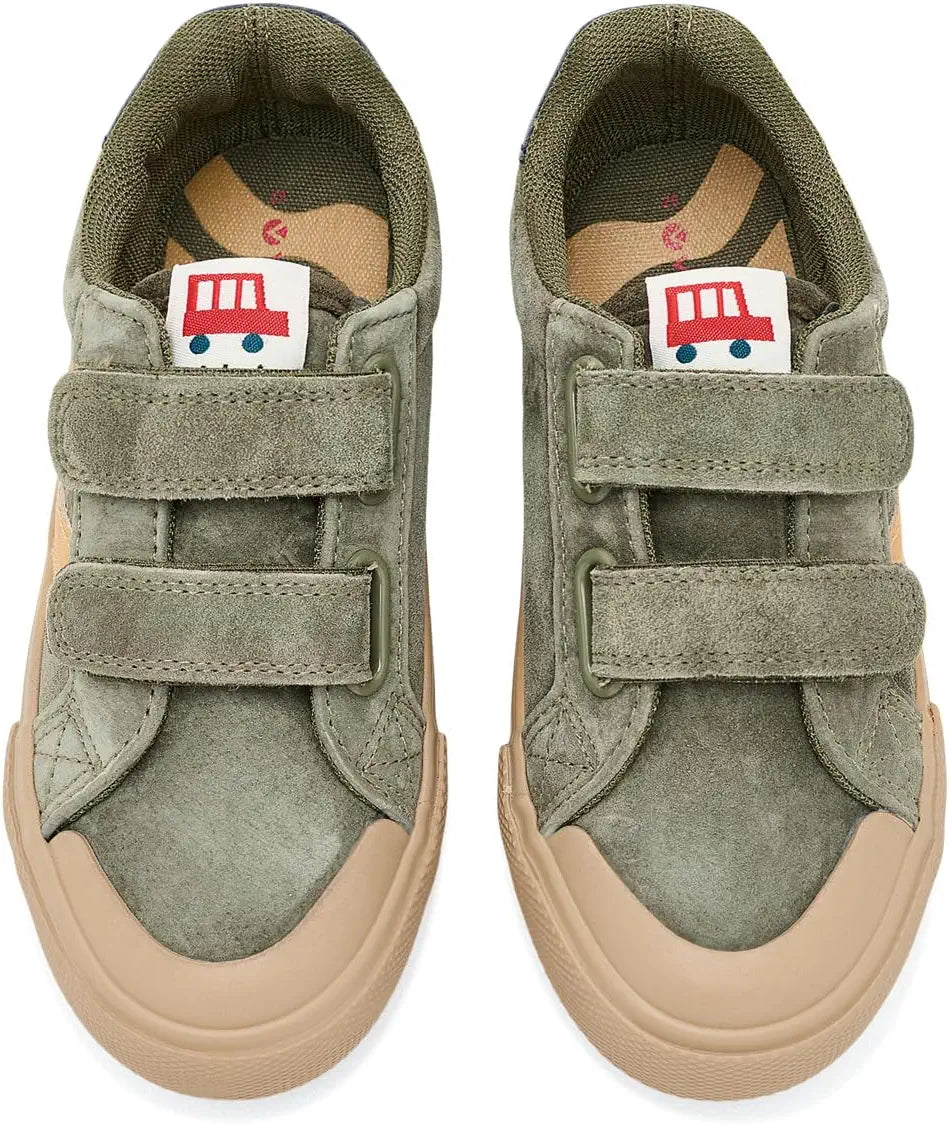 Victoria – Tribu Wide Fit Split Leather & Contrast Kids Sneakers in Kaki and Green