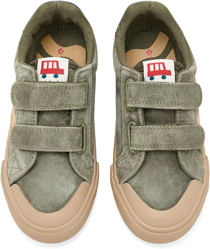 Victoria – Tribu Wide Fit Split Leather & Contrast Kids Sneakers in Kaki and Green