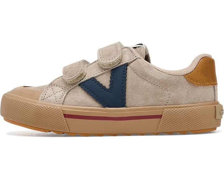 Victoria – Tribu Wide Fit Split Leather & Contrast Kids Sneakers in Beige and Gold