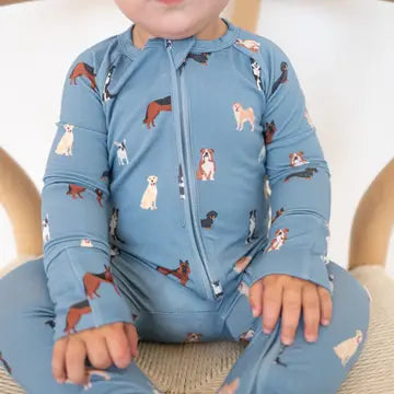 Bug + Bean – Bamboo Zip Romper in Blue Dog