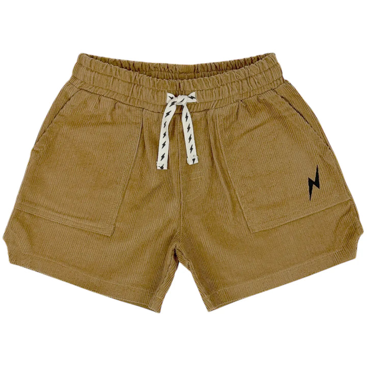 Tiny Whales – Retro Lightning Bolt Shorts in Tan Corduroy