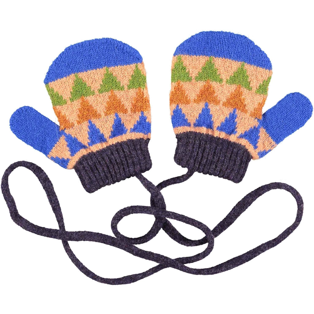 Catherine Tough – Kid's Patterned Lambswool Mittens in Marine/Purple Triangle