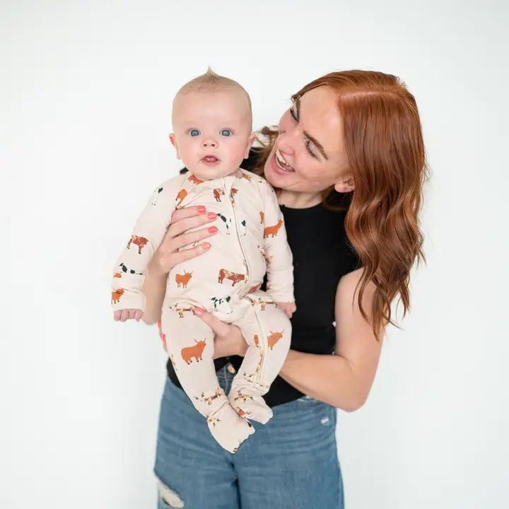 Bug + Bean – Bamboo Convertible Zip Romper in Oatmeal Cow