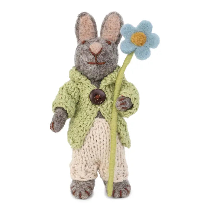 Gry + Sif – Felt Small Grey Bunny w/Jacket, Pants & Blue Anemone