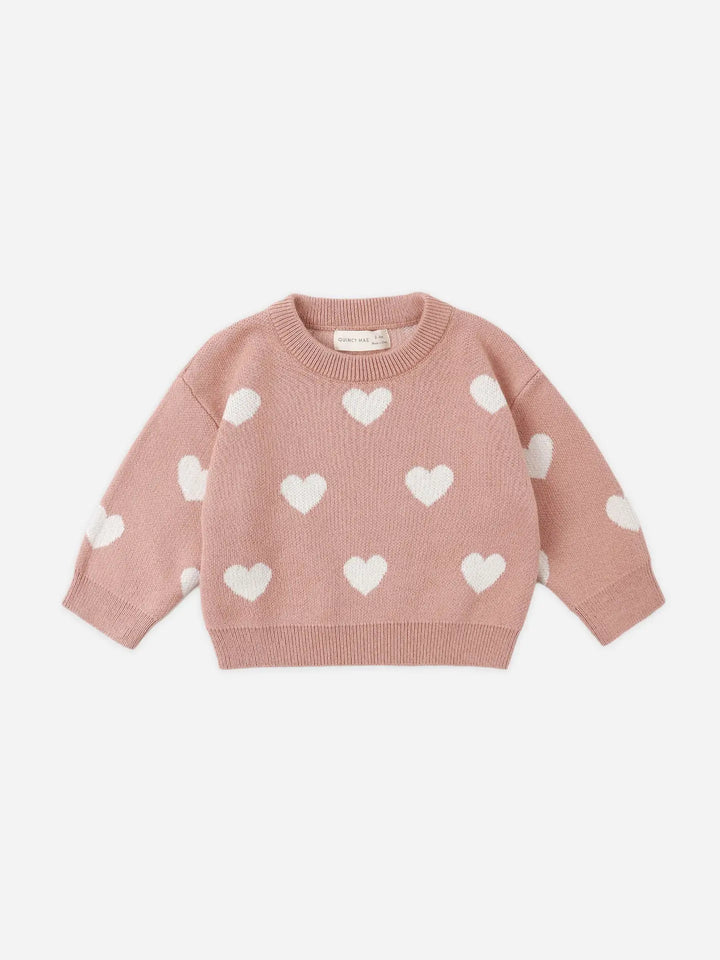 Quincy Mae – Heart Knit Sweater in Pink