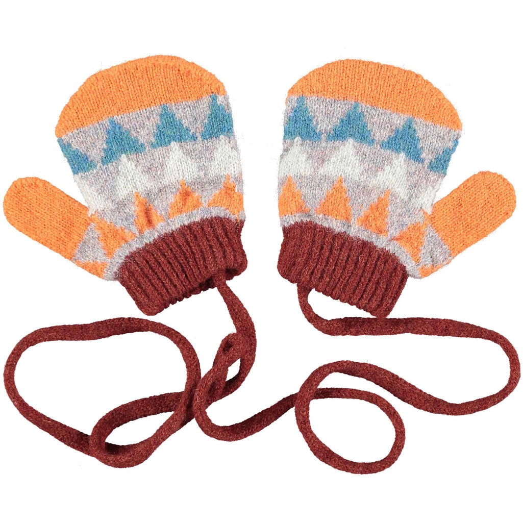 =Catherine Tough – Kid's Patterned Lambswool Mittens in Orange/Concrete Triangle