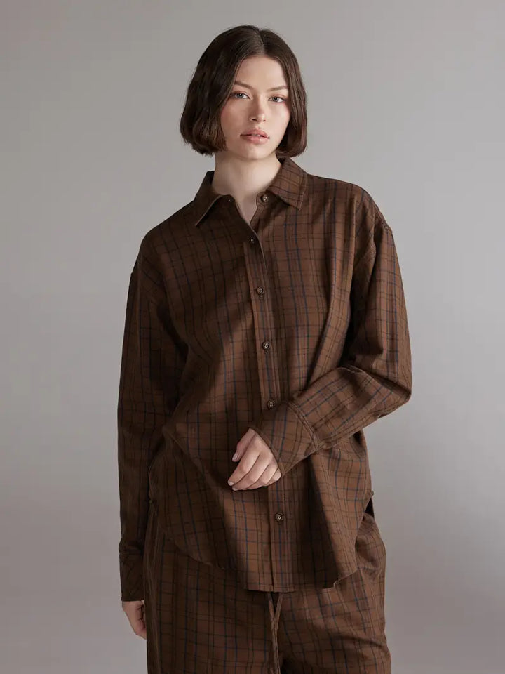 Amente – Brushed Plaid Button Down Shirt in Brown & Black
