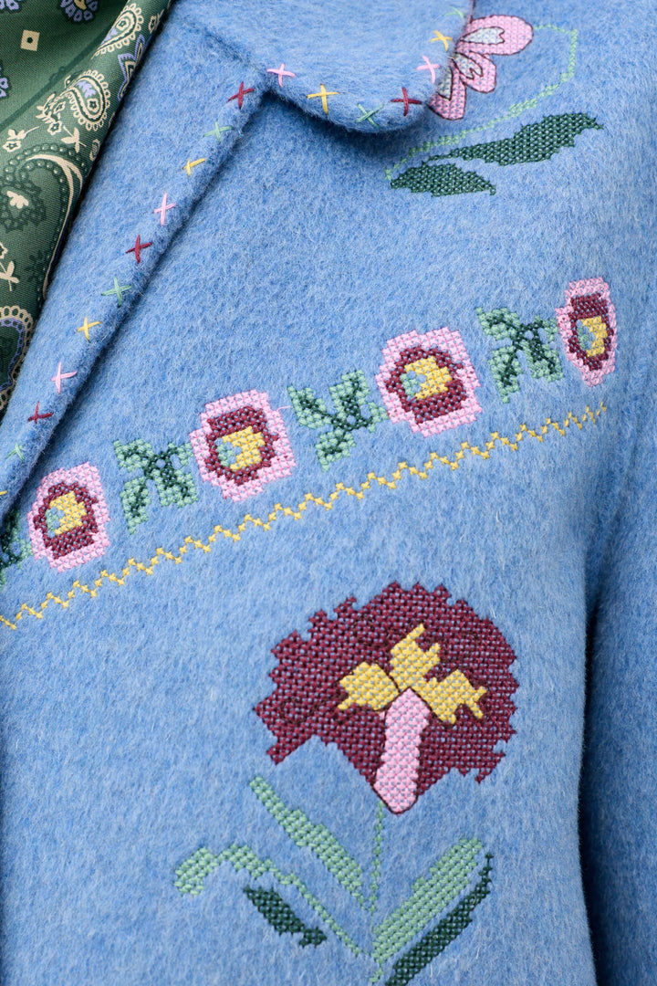 RIXO - Tashia Wool Jacket in Juliette Embroidery Blue