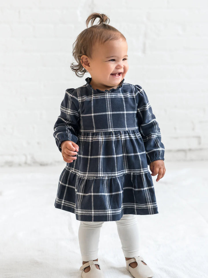 Colored Organics - Neela Flannel Ruffle Neckline Dress in Navy Plaid