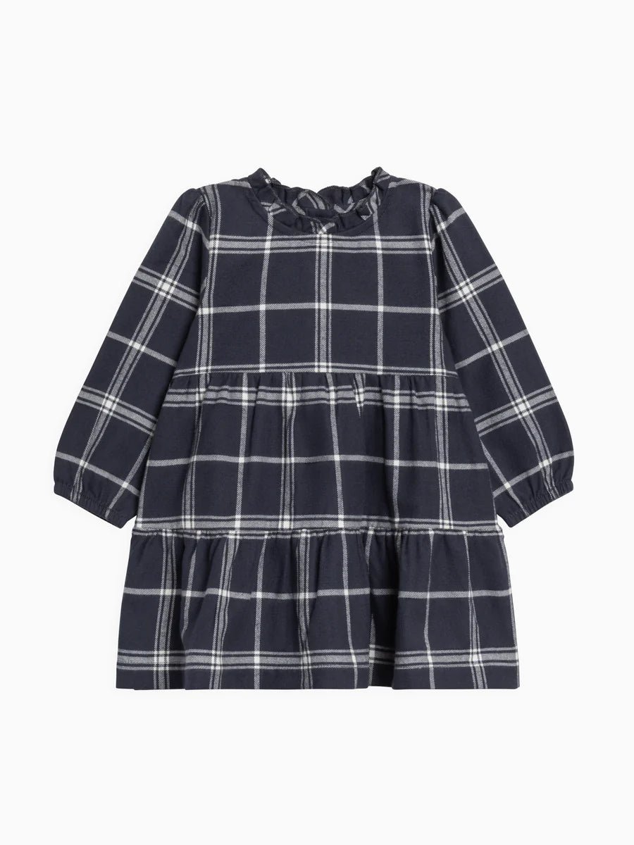 Colored Organics - Neela Flannel Ruffle Neckline Dress in Navy Plaid