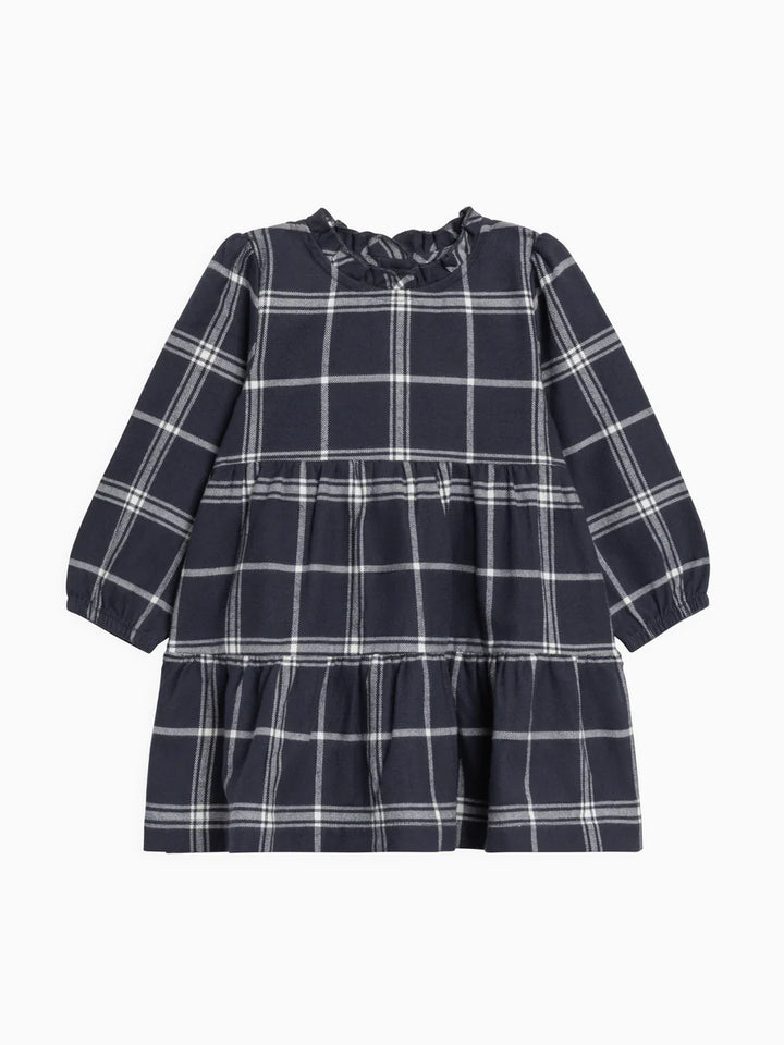 Colored Organics - Neela Flannel Ruffle Neckline Dress in Navy Plaid
