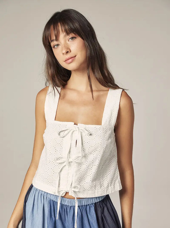Amente – Front Tie Lace Eyelet Top in White