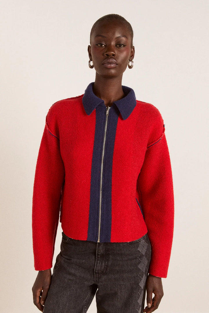 Damson Madder – Bibi Boxy Merino Wool Reversible Cardigan in Red/Navy