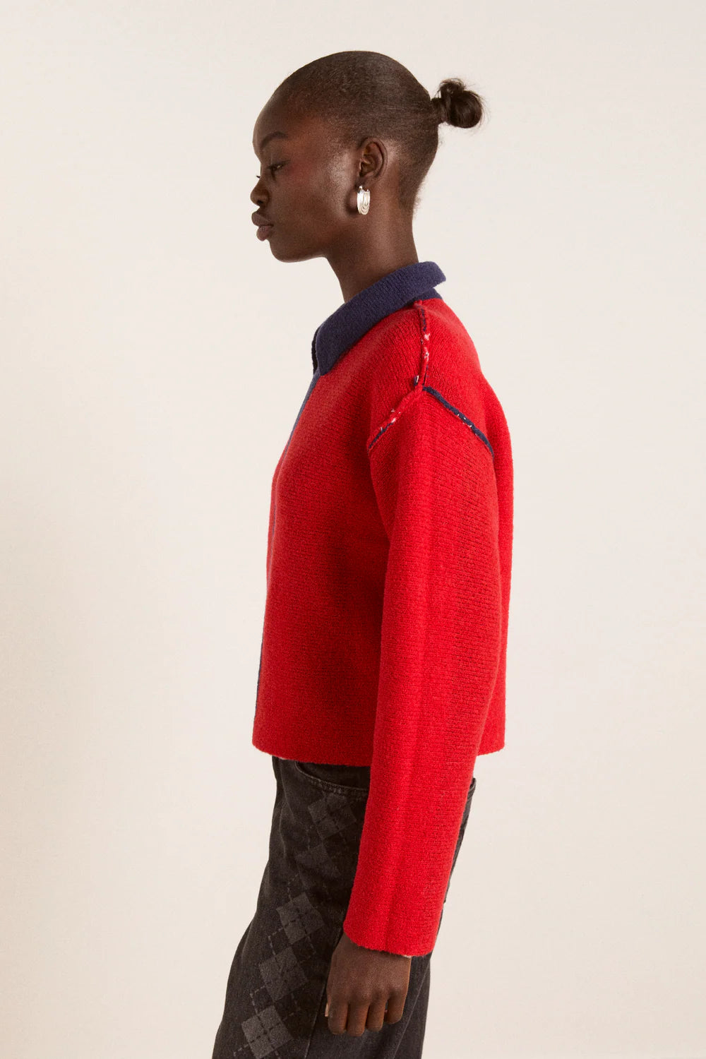 Damson Madder – Bibi Boxy Merino Wool Reversible Cardigan in Red/Navy