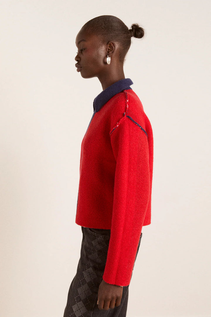 Damson Madder – Bibi Boxy Merino Wool Reversible Cardigan in Red/Navy