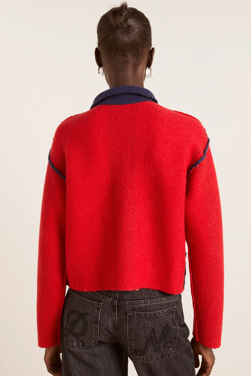 Damson Madder – Bibi Boxy Merino Wool Reversible Cardigan in Red/Navy
