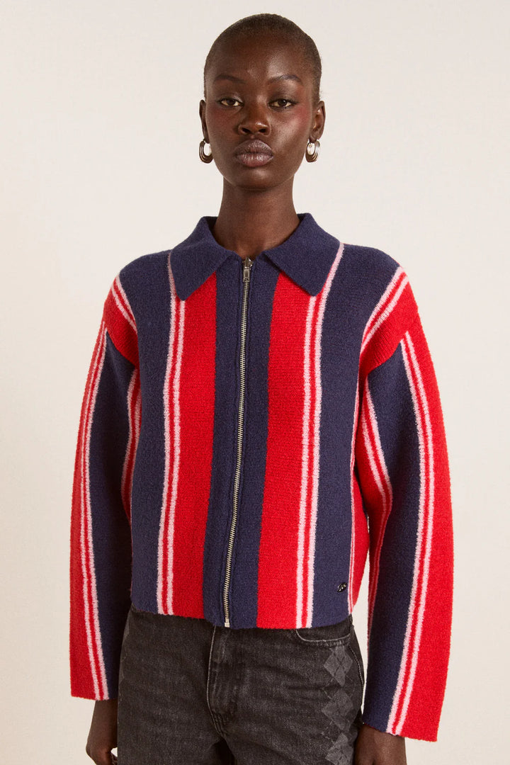 Damson Madder – Bibi Boxy Merino Wool Reversible Cardigan in Red/Navy