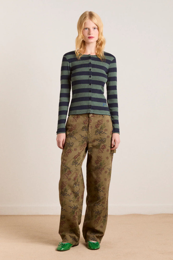 Damson Madder – Sybil Stripe Crew Cardigan in Green